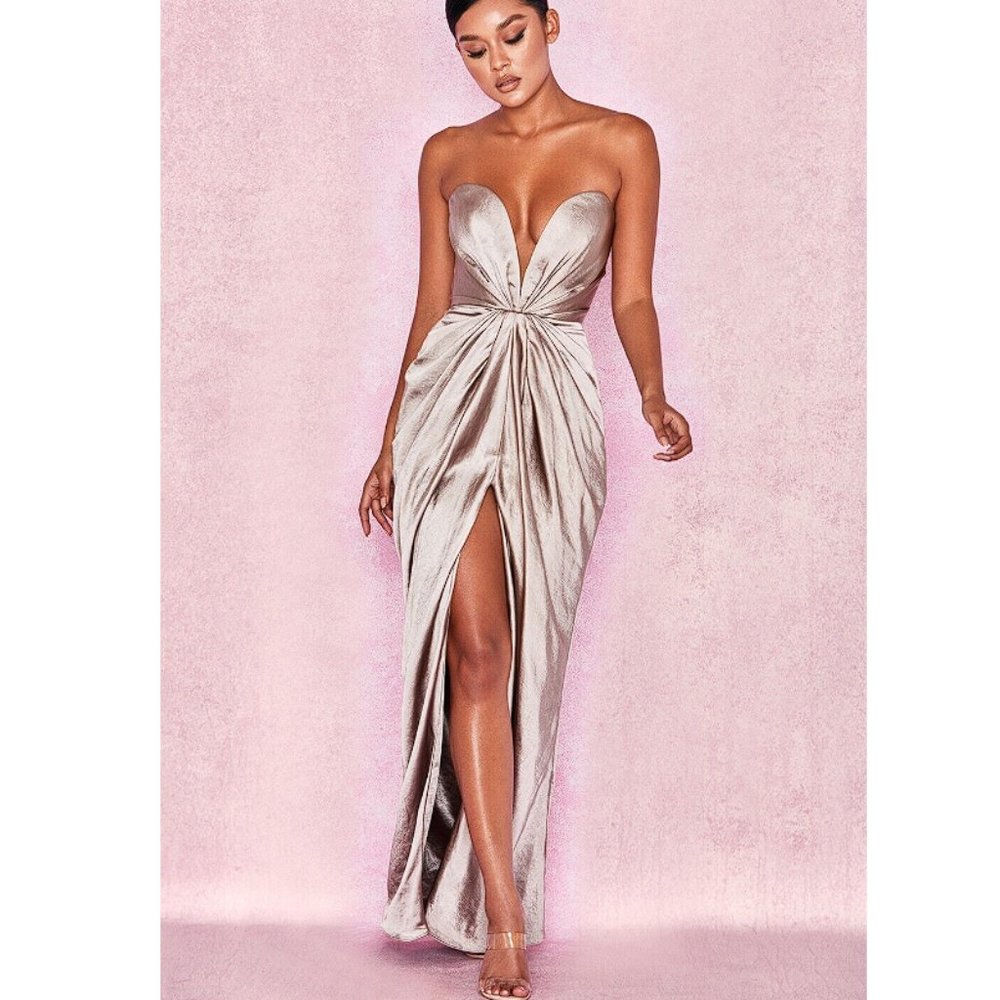 House Of CB 'Sigourney' Mink Satin Draped Front Maxi Dress NWOT